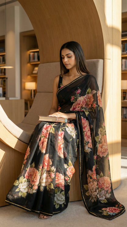 Woman wearing a black chiffon saree with floral prints, reading a book.