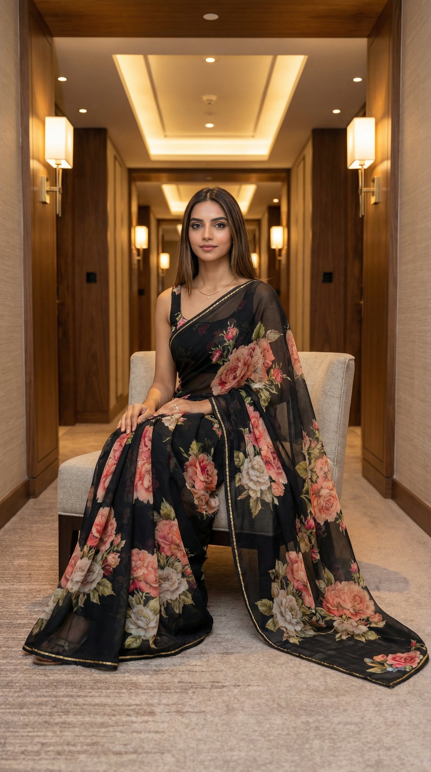 Woman wearing a black chiffon saree with floral prints, sitting in a well-lit hallway.