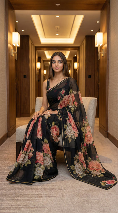 Woman wearing a black chiffon saree with floral prints, sitting in a well-lit hallway.
