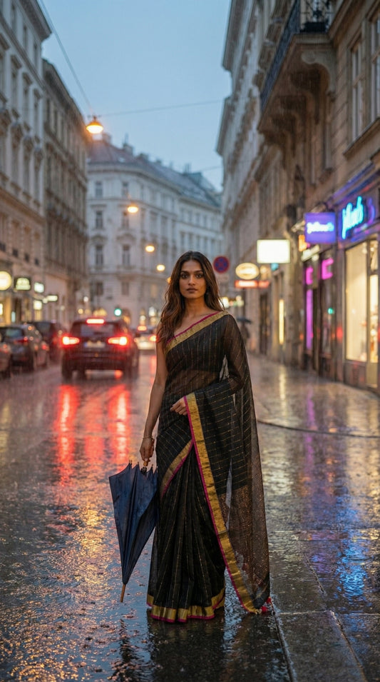 Woman in a black-cotton-linen-saree-Zari, standing on a rain-soaked street with buildings and lights in the background.