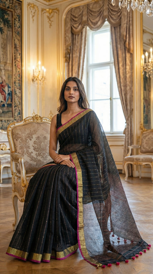 Woman in a black-cotton-linen-saree-Zari, in an elegant room.