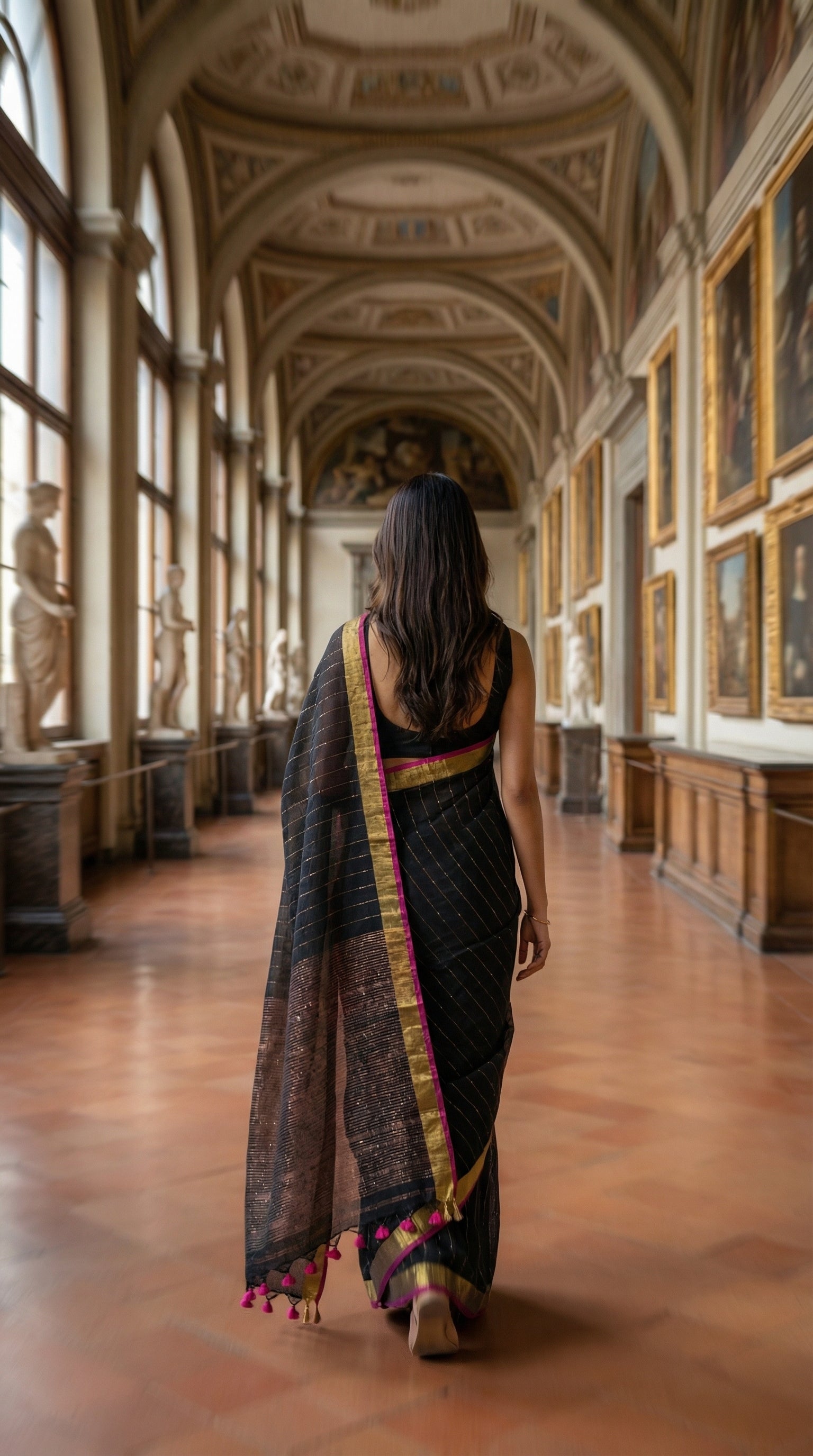 Woman in a black-cotton-linen-saree-Zari, walking through an ornate hallway with statues and paintings.