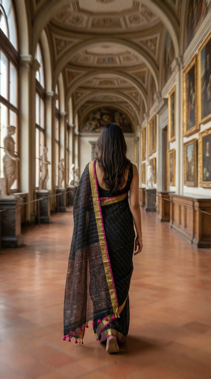 Woman in a black-cotton-linen-saree-Zari, walking through an ornate hallway with statues and paintings.