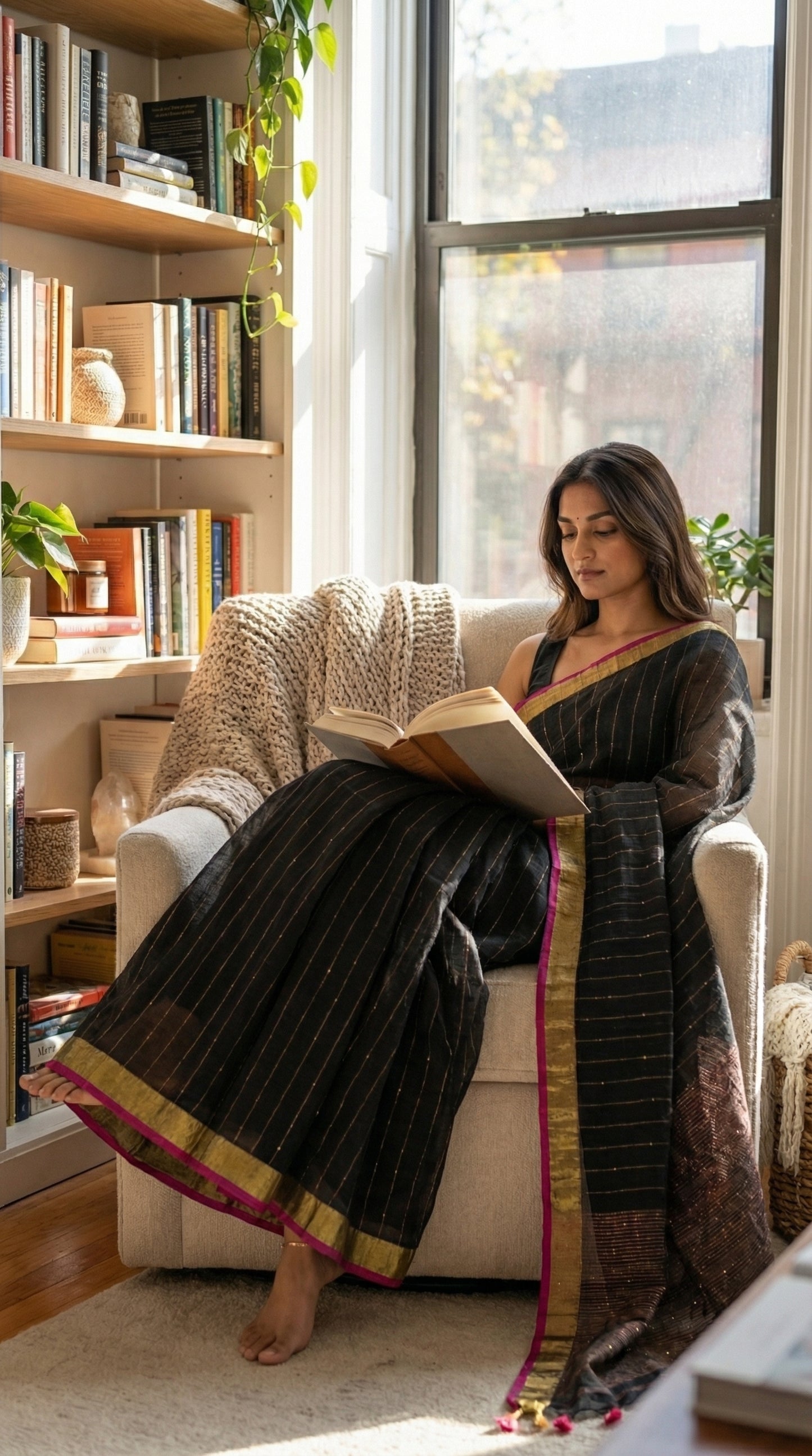 Woman in a black-cotton-linen-saree-Zari, reading a book in a cozy living room.