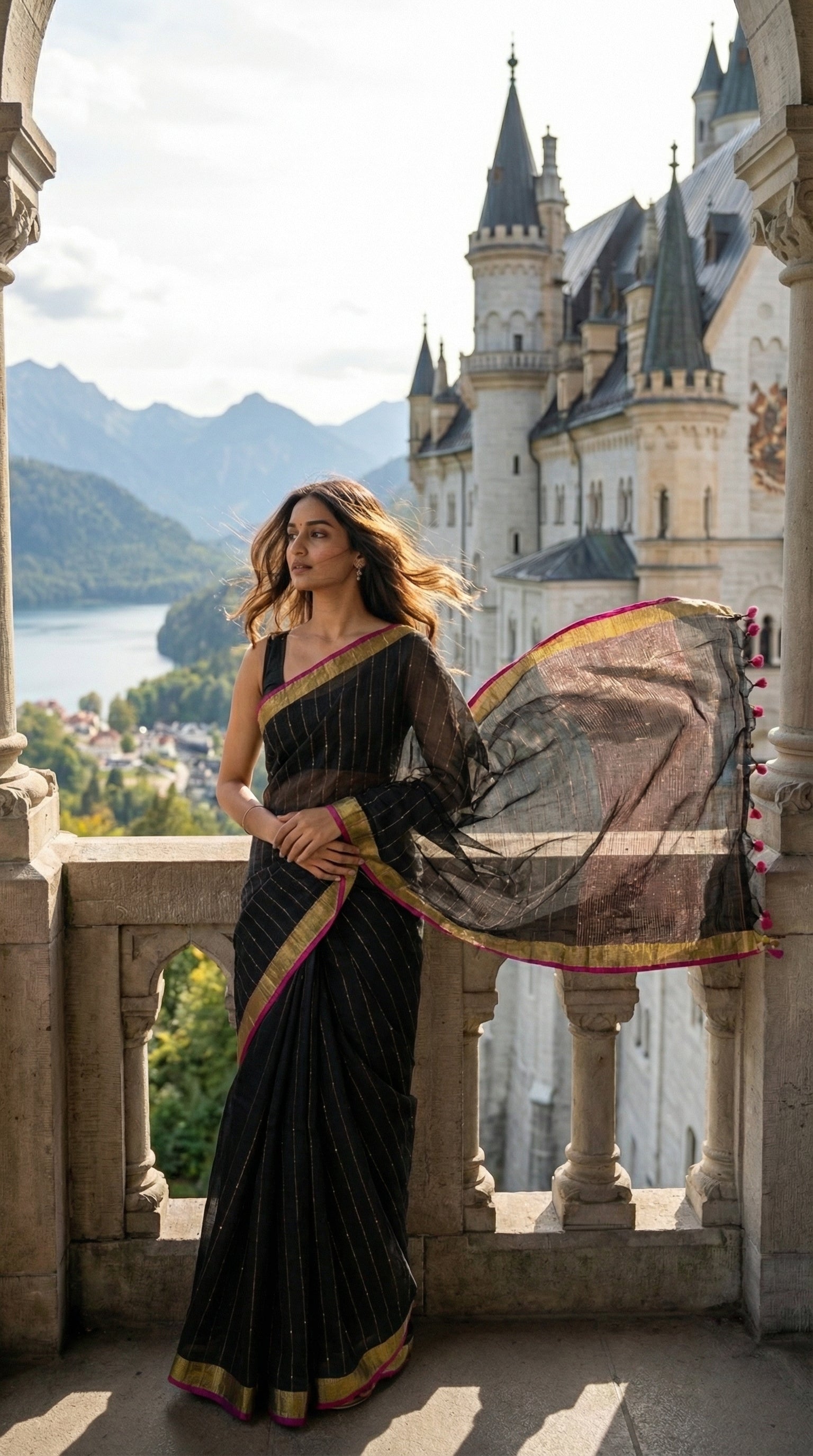 Woman in a black-cotton-linen-saree-Zari, with a castle and scenic background