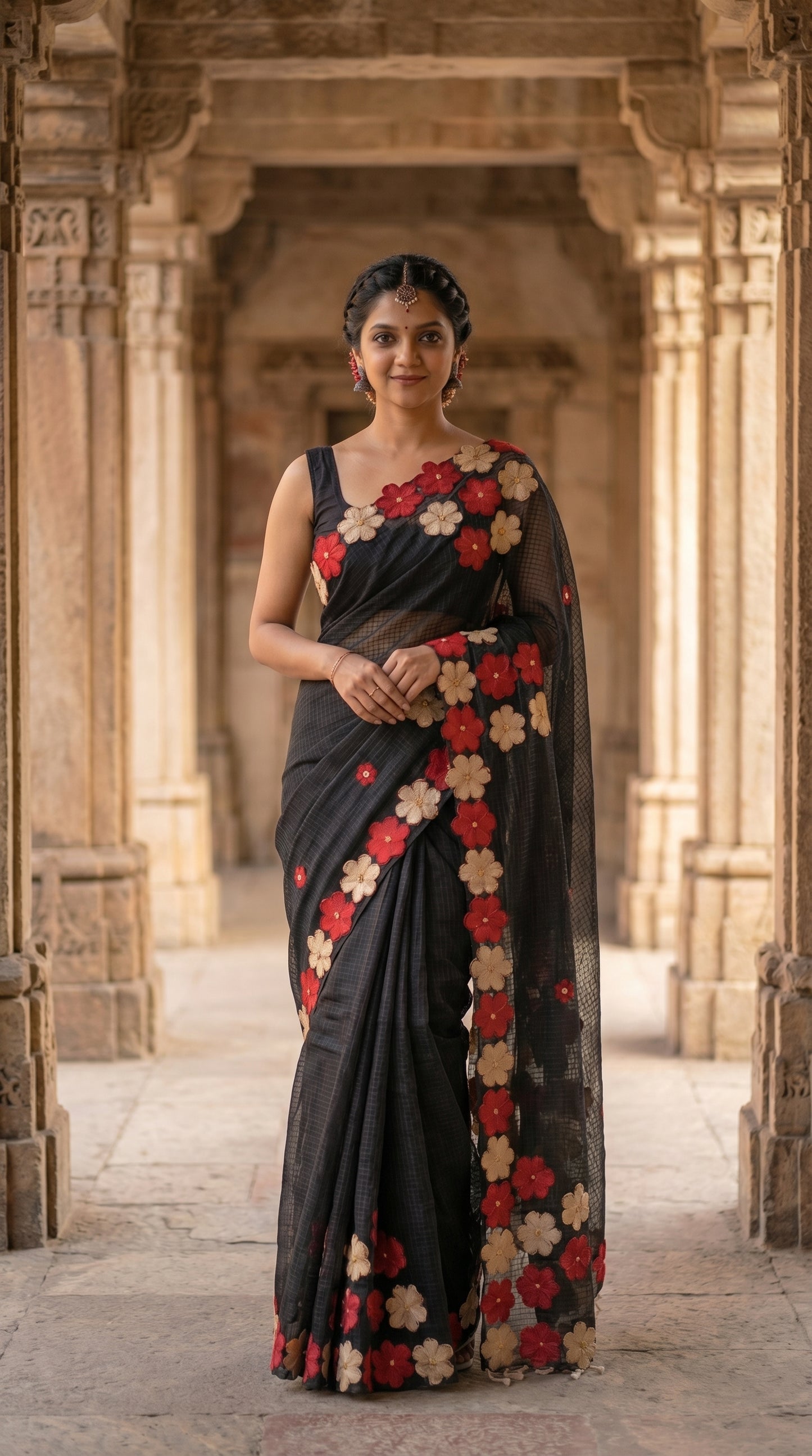 Woman in a black-mirror-work-kota-saree, in an architectural setting