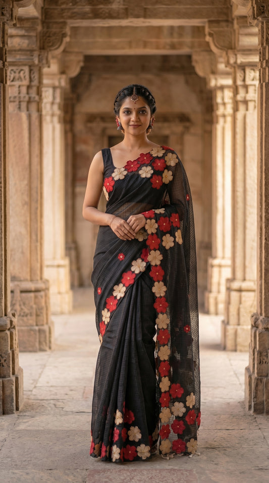 Woman in a black-mirror-work-kota-saree, in an architectural setting
