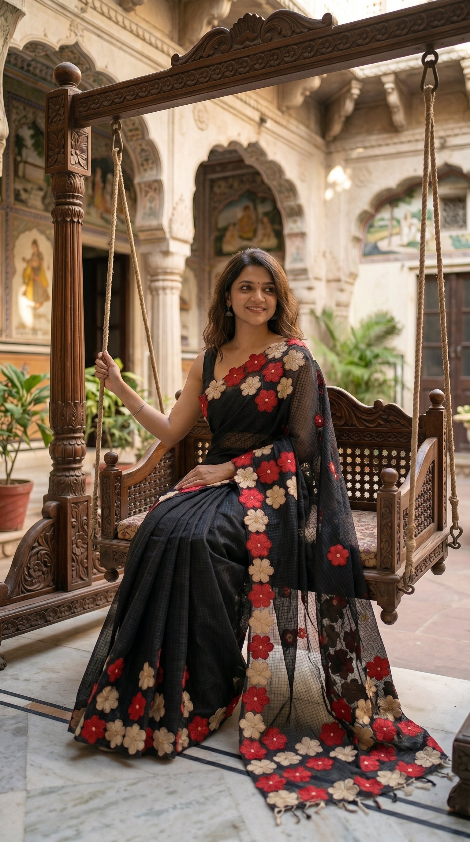 Woman in a black-mirror-work-kota-saree, sitting on a wooden swing in an ornate indoor setting.