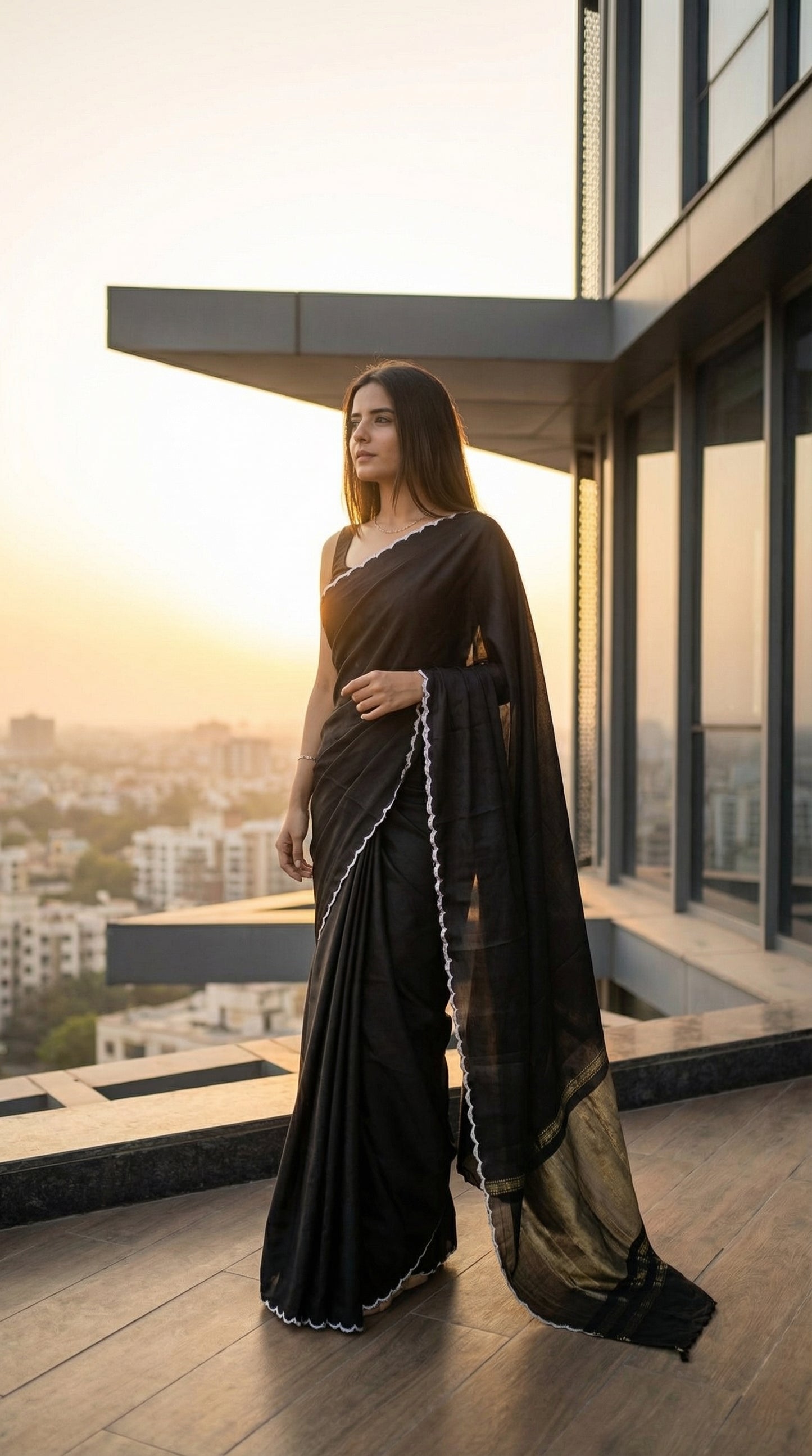 Woman in a black-modal-silk-saree-lagdi-patta-pallu, standing on a roof-top.