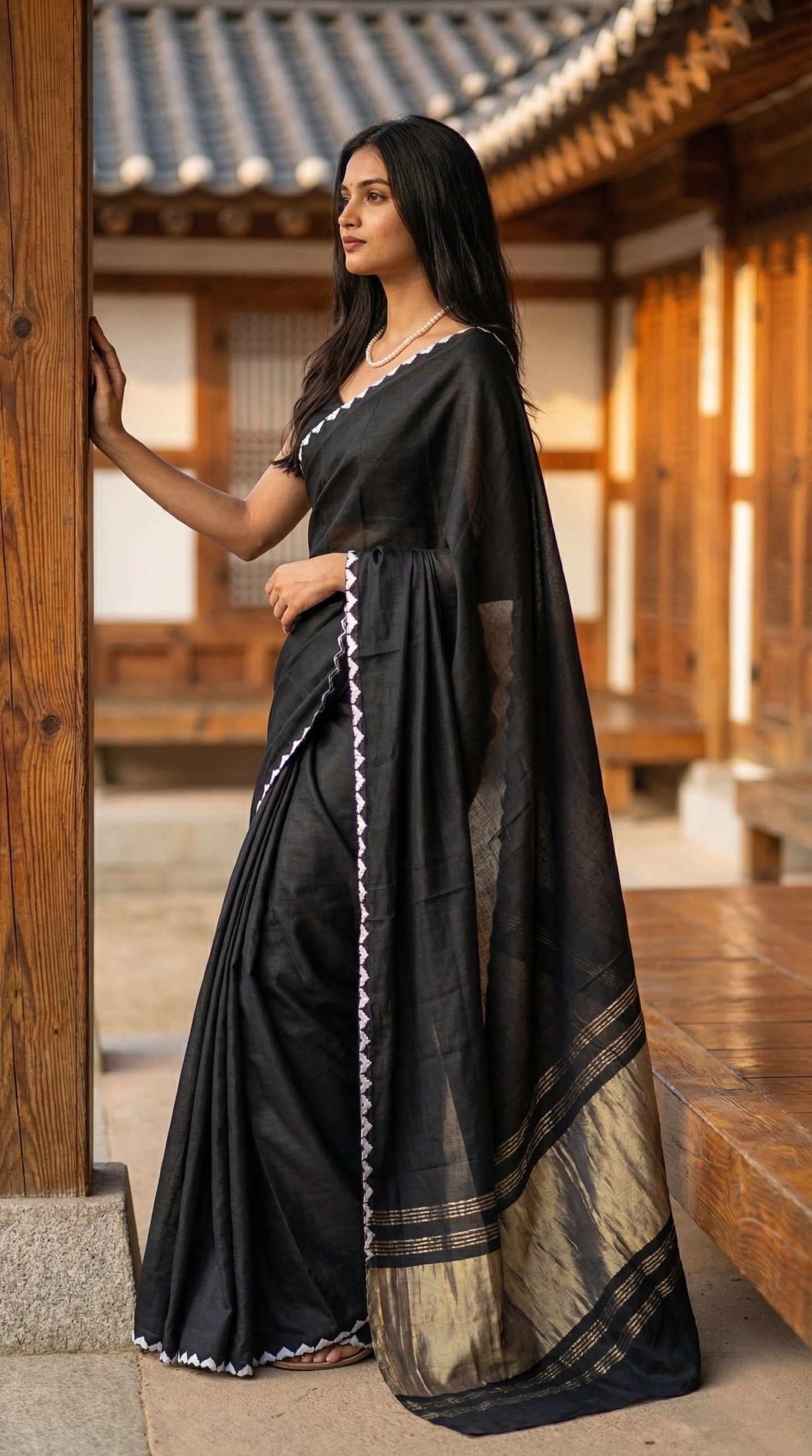 Woman in a black-modal-silk-saree-lagdi-patta-pallu, standing inside a house.