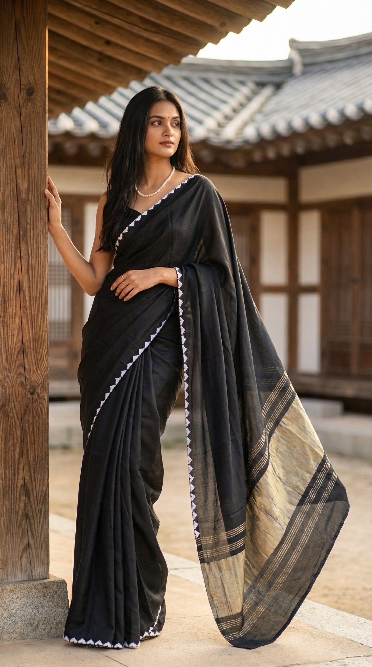 Woman in a black-modal-silk-saree-lagdi-patta-pallu, standing inside a house.