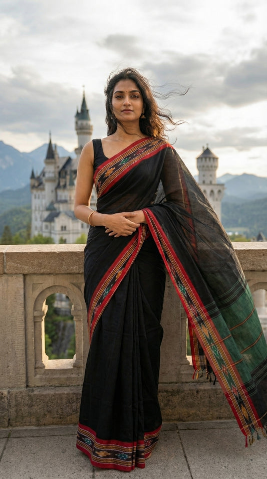 Woman in a black-mul-cotton-ikat-saree, standing in front of Neuschwanstein Castle.
