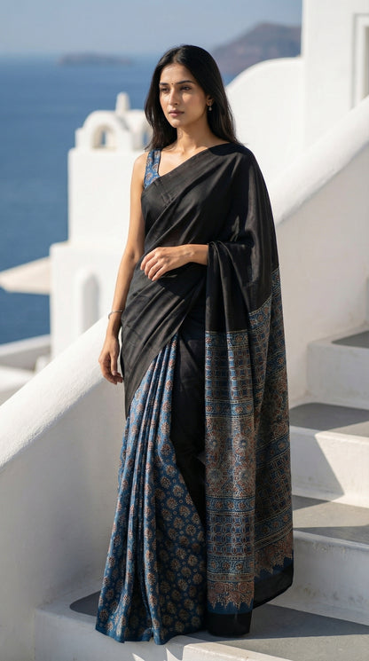 Woman in a black modal silk saree with intricate blue Ajrakh border detailing, standing on a white staircase with ocean view.
