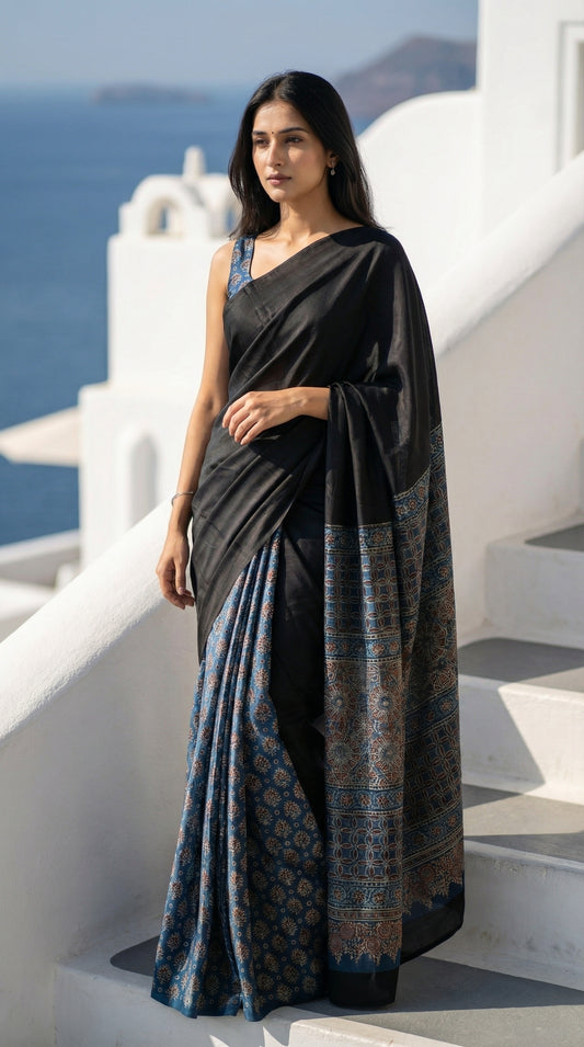 Woman in a black modal silk saree with intricate blue Ajrakh border detailing, standing on a white staircase with ocean view.