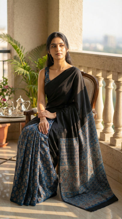 Woman in a black modal silk saree with intricate blue Ajrakh border detailing, sitting on a chair with a scenic background.