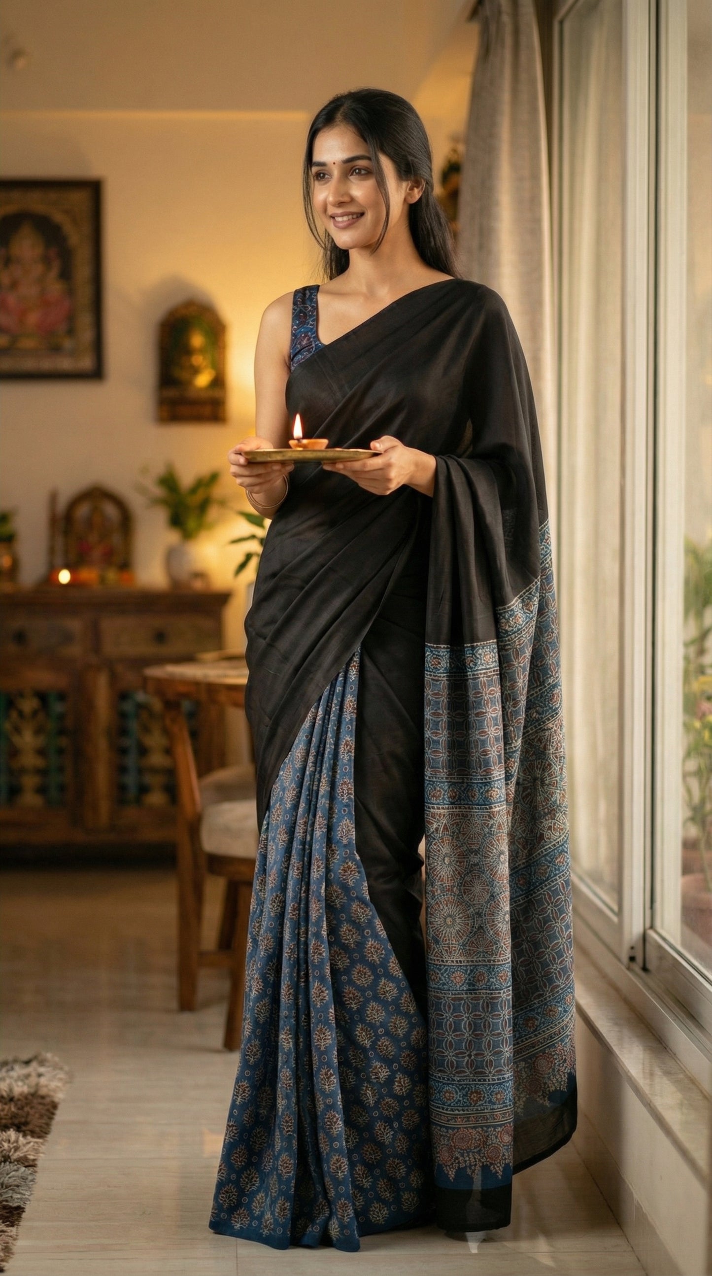 Woman in a black modal silk saree with intricate blue Ajrakh border detailing, holding a plate indoors.