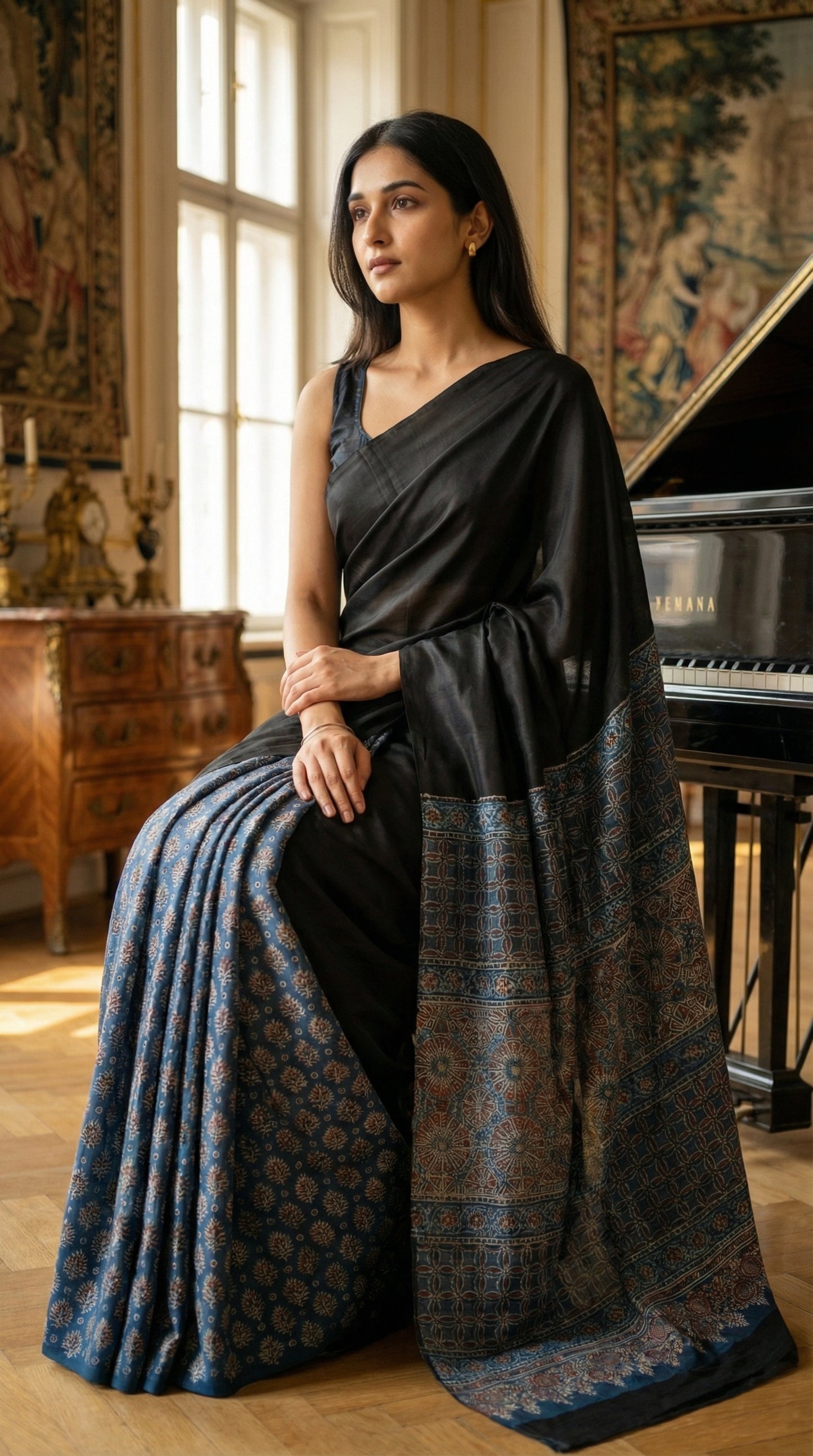 Woman in a black modal silk saree with intricate blue Ajrakh border detailing, sitting in a room with classical decor.