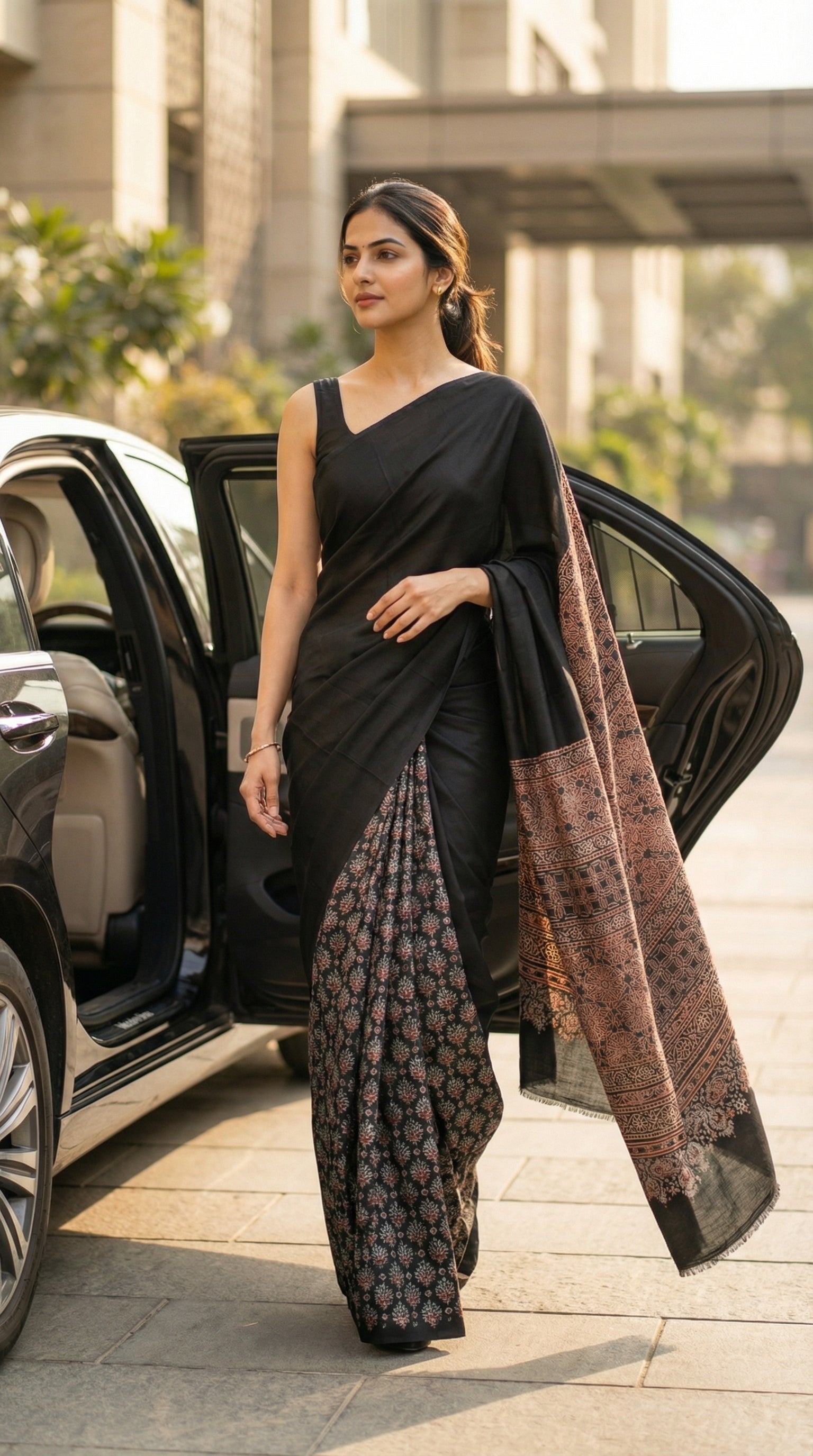 Woman in a black pure modal silk saree with intricate Ajrakh printed pallu, stepping out of a car in an urban setting.