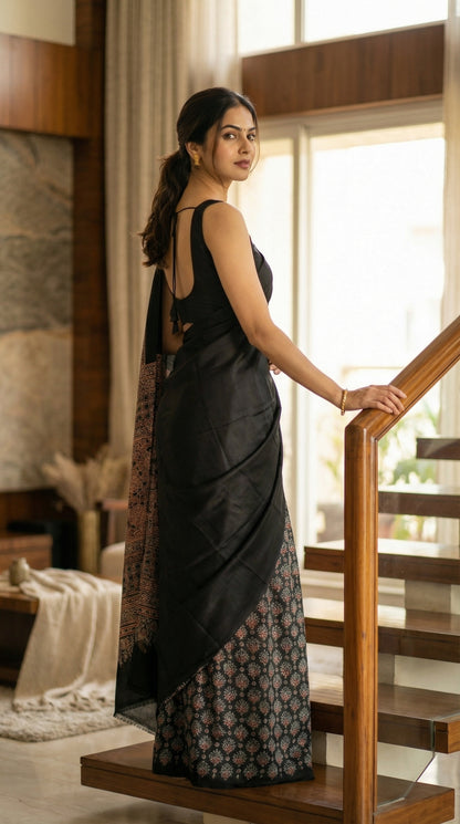 Woman in a black pure modal silk saree with intricate Ajrakh printed pallu, standing on a staircase in a well-lit room.