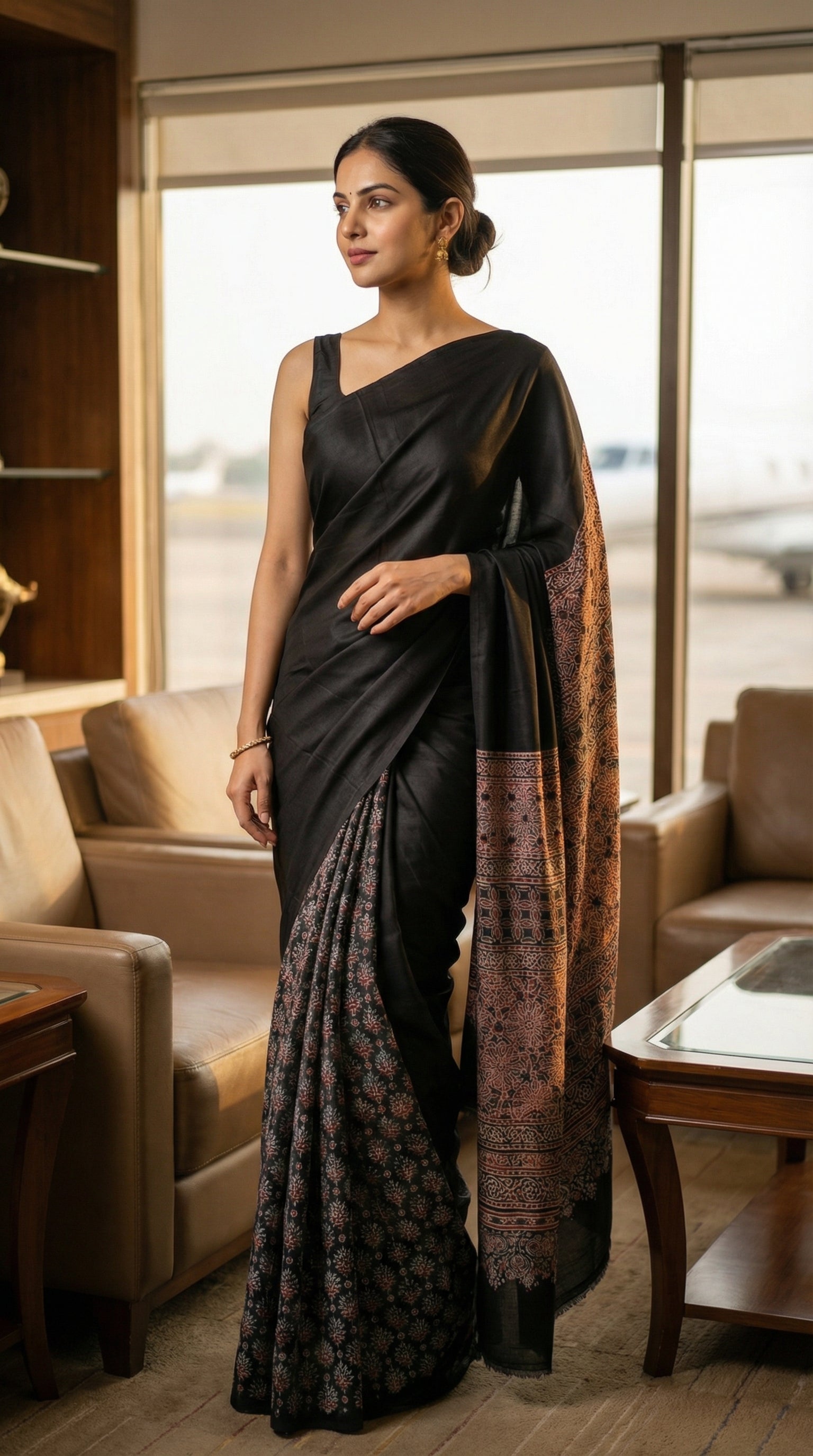 Woman in a black pure modal silk saree with intricate Ajrakh printed pallu, standing in an airport lounge.