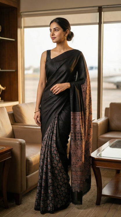 Woman in a black pure modal silk saree with intricate Ajrakh printed pallu, standing in an airport lounge.