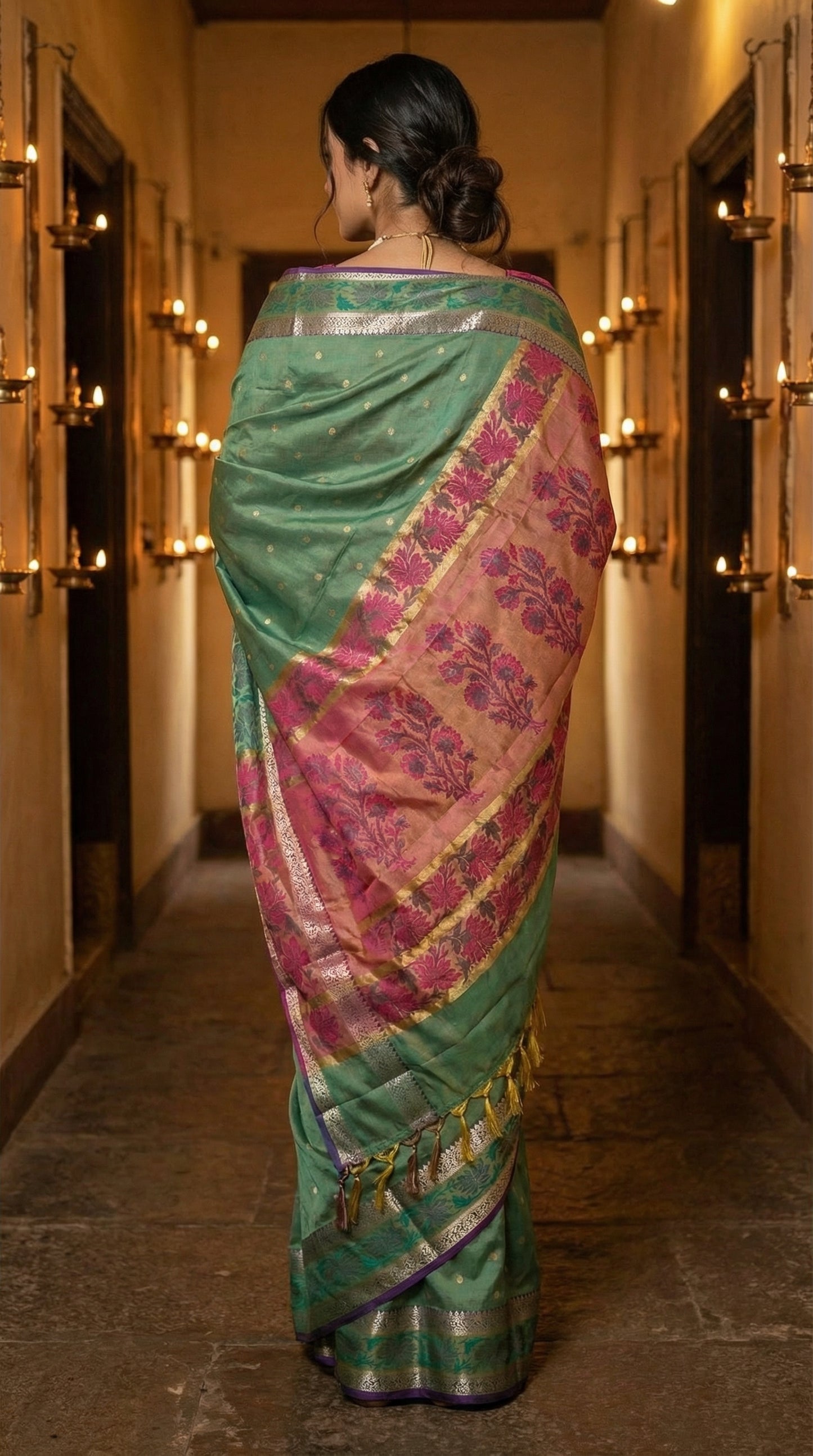 Woman wearing a blue blended silk saree with broad golden Zari border in a dimly lit hallway.