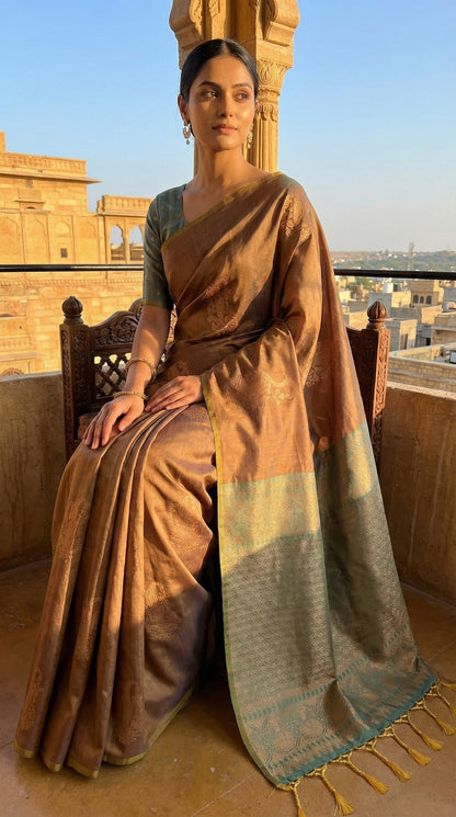 Woman in a copper brown blended silk saree with golden Zari border and scattered butis, sitting on a balcony with architectural background