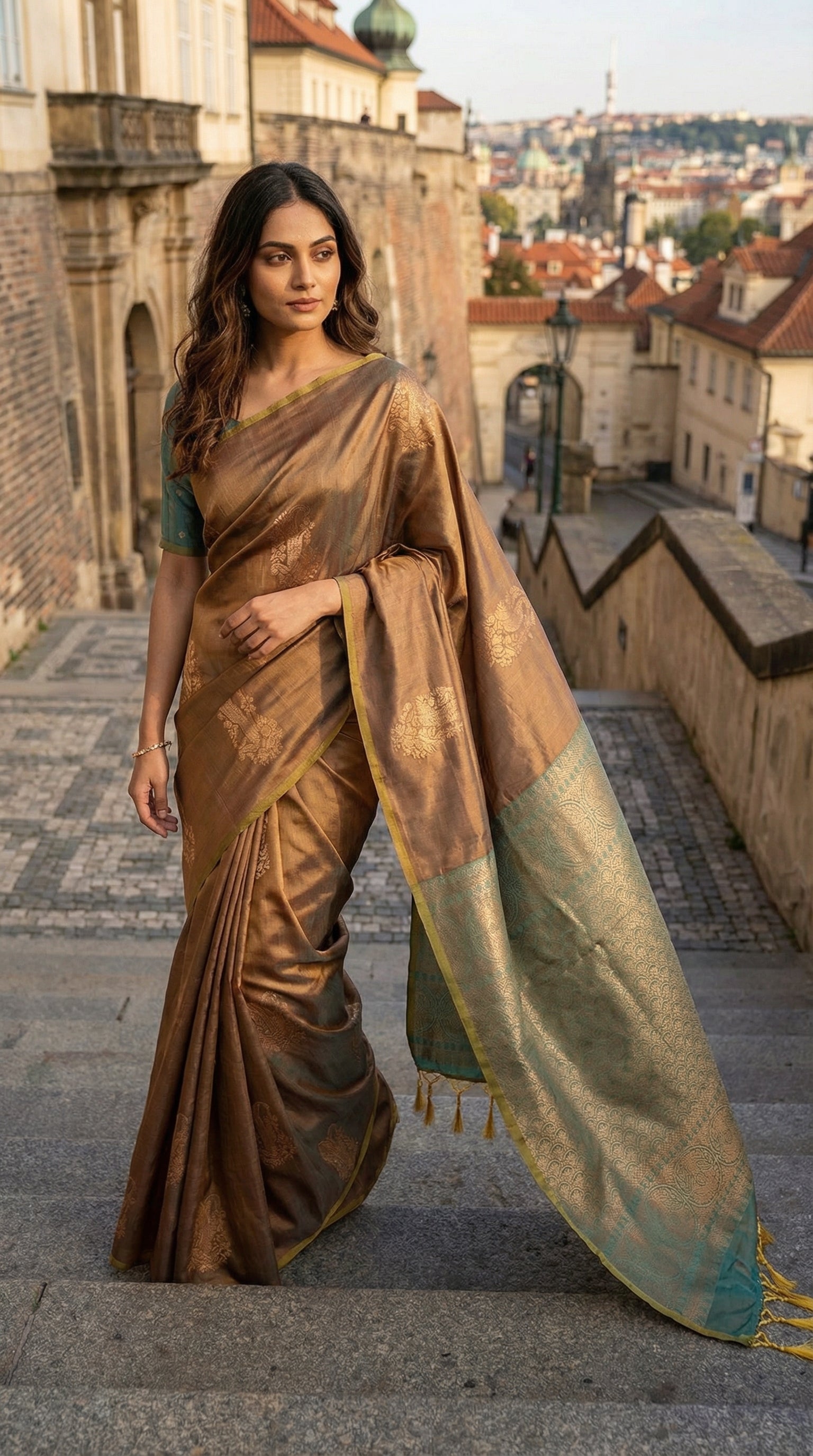 Woman in a copper brown blended silk saree with golden Zari border and scattered butis standing on steps with a cityscape in the background.