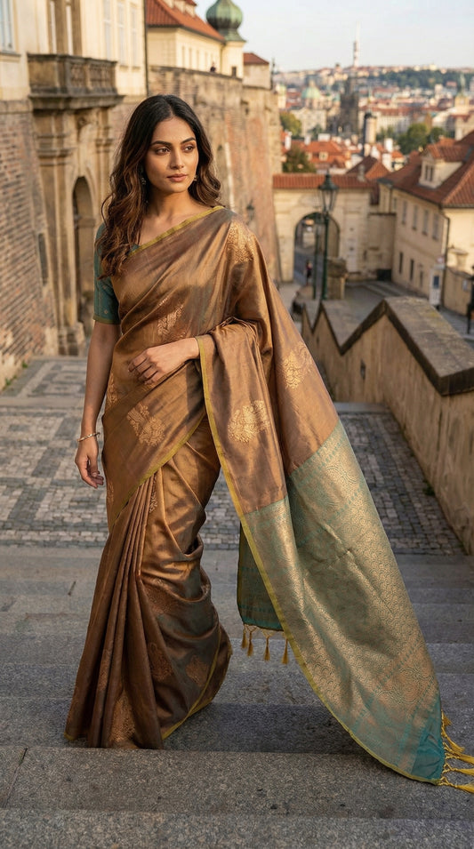 Woman in a copper brown blended silk saree with golden Zari border and scattered butis standing on steps with a cityscape in the background.