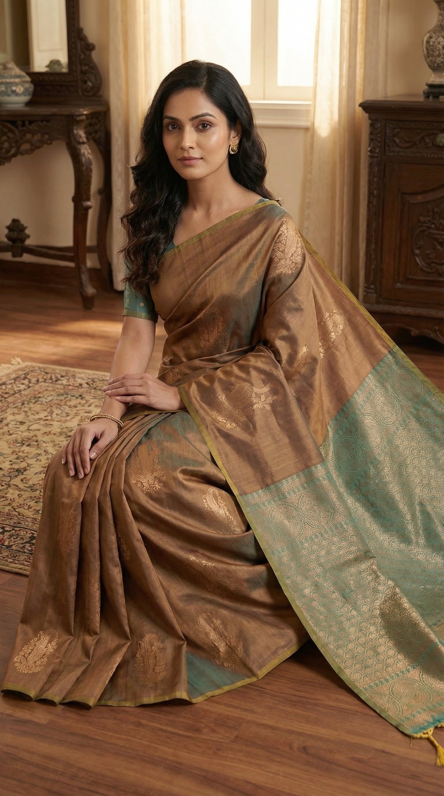 Woman wearing a copper brown blended silk saree with golden Zari border and scattered butis in a room with wooden furniture.