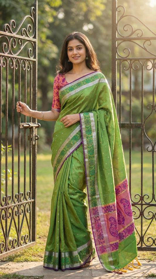 Woman in a green blended silk saree with elegant Zari border and festive drape on a mannequin along with a flower vase against red background standing in front of an iron gate.