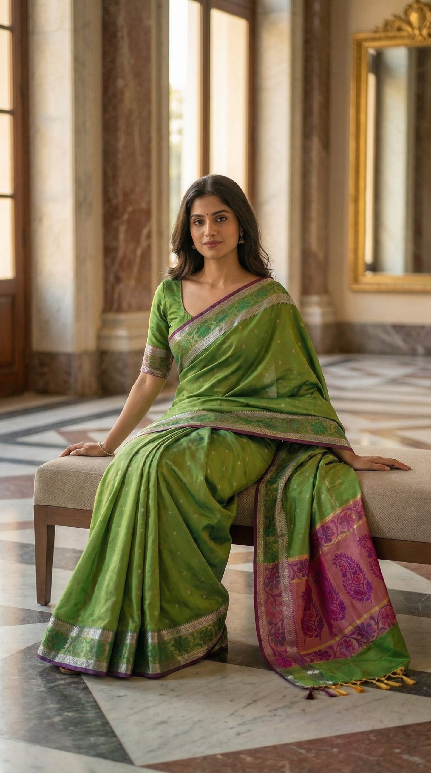 Woman in a green blended silk saree with elegant Zari border and festive drape on a mannequin along with a flower vase against red background sitting in a grand room with high ceilings and large windows.
