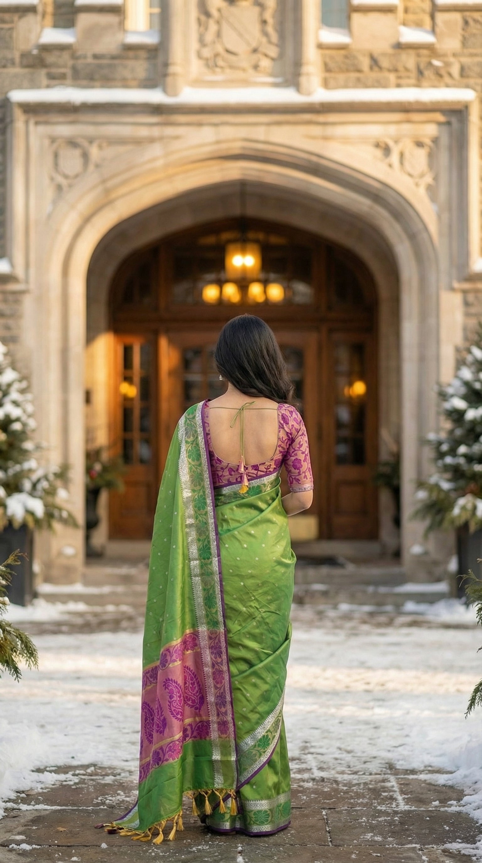 Woman in a green blended silk saree with elegant Zari border and festive drape on a mannequin along with a flower vase against red background standing in front of a large stone building with an arched entrance.