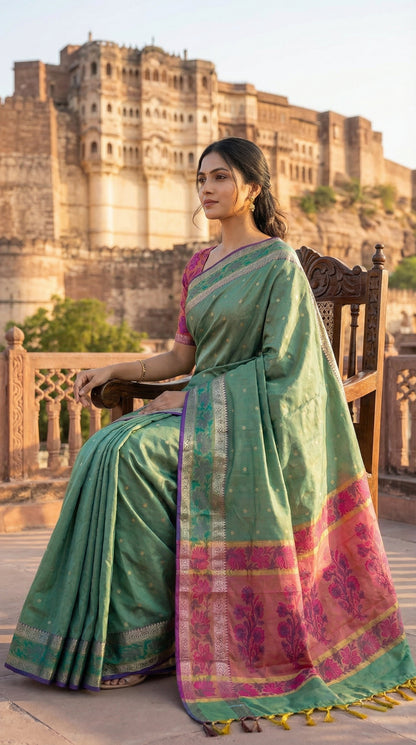 Woman in a green color blended silk saree with broad golden Zari border sitting in front of an ancient fort.