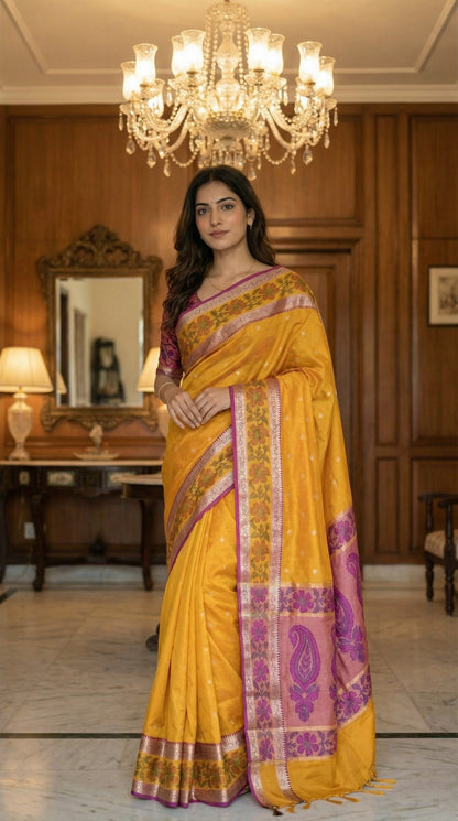 Woman in a yellow blended silk saree with pink bloused and shimmering Zari border, standing in an elegant room with a chandelier.