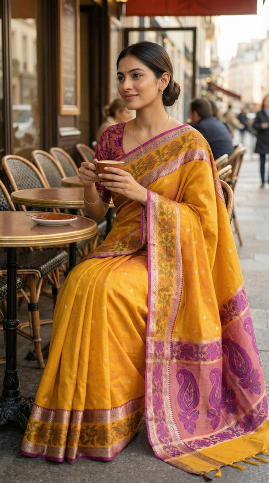 Woman in a yellow blended silk saree with pink bloused and shimmering Zari border, sitting at an outdoor cafe.
