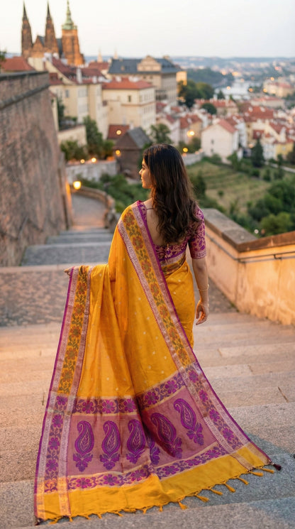 Woman in a yellow blended silk saree with pink bloused and shimmering Zari border, overlooking a cityscape with a castle-like structure.