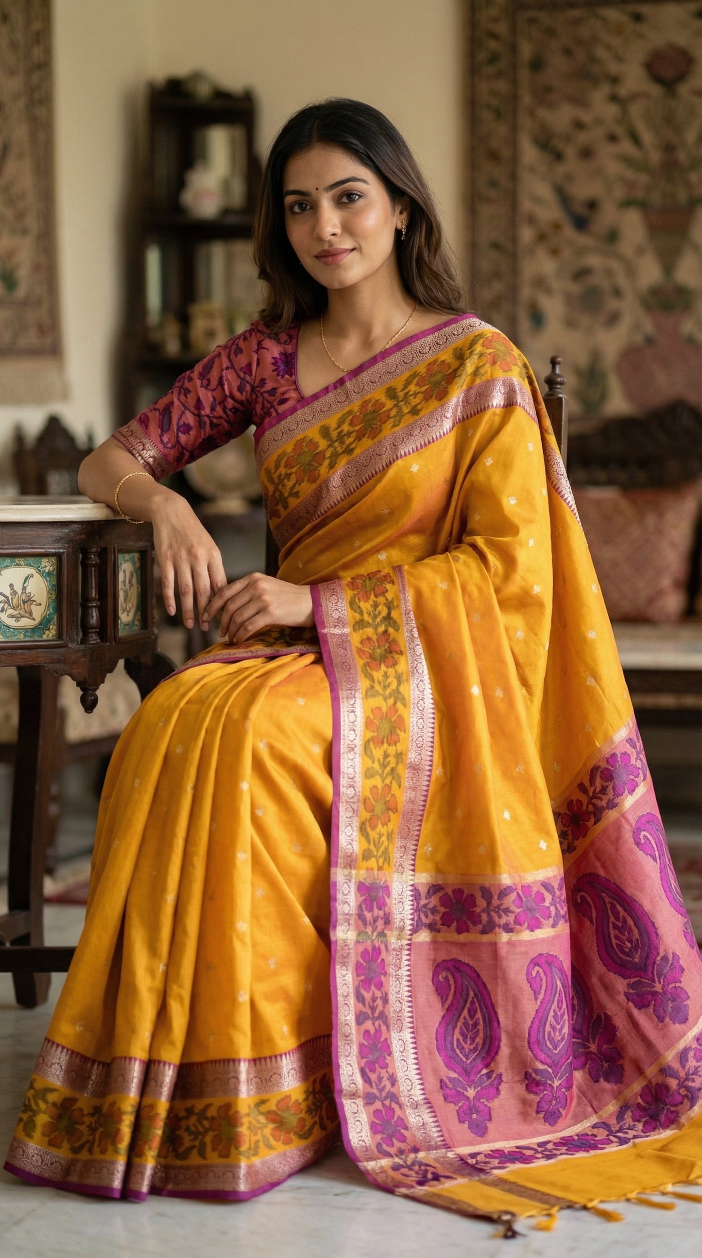 Woman wearing a yellow blended silk saree with pink bloused and shimmering Zari border, in an indoor setting.