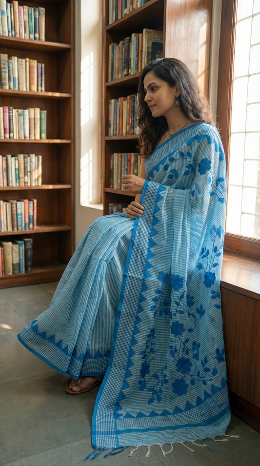 Woman in a blue-floral-cotton-applique-saree, standing in a room with bookshelves and a window.