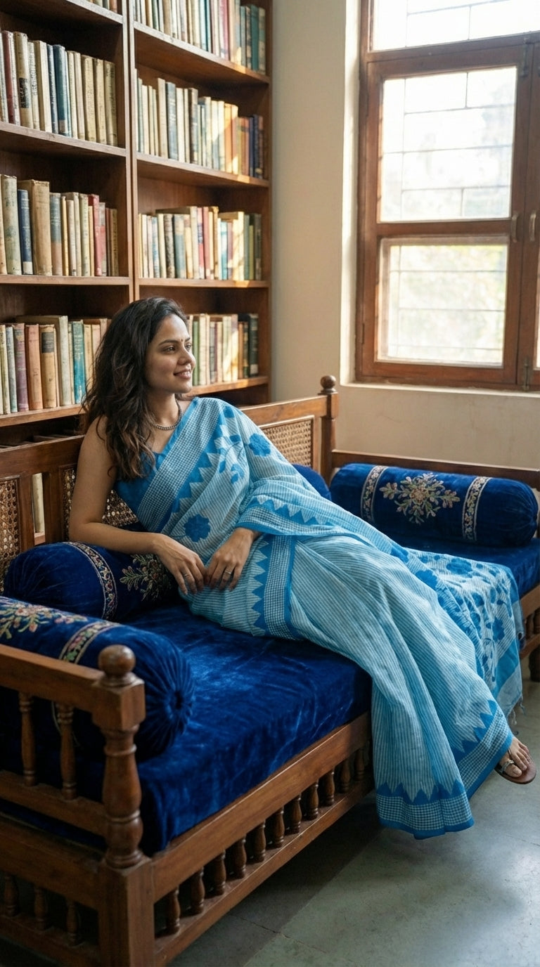 Woman in a blue saree sitting on a wooden bed in a room with bookshelves and a window.