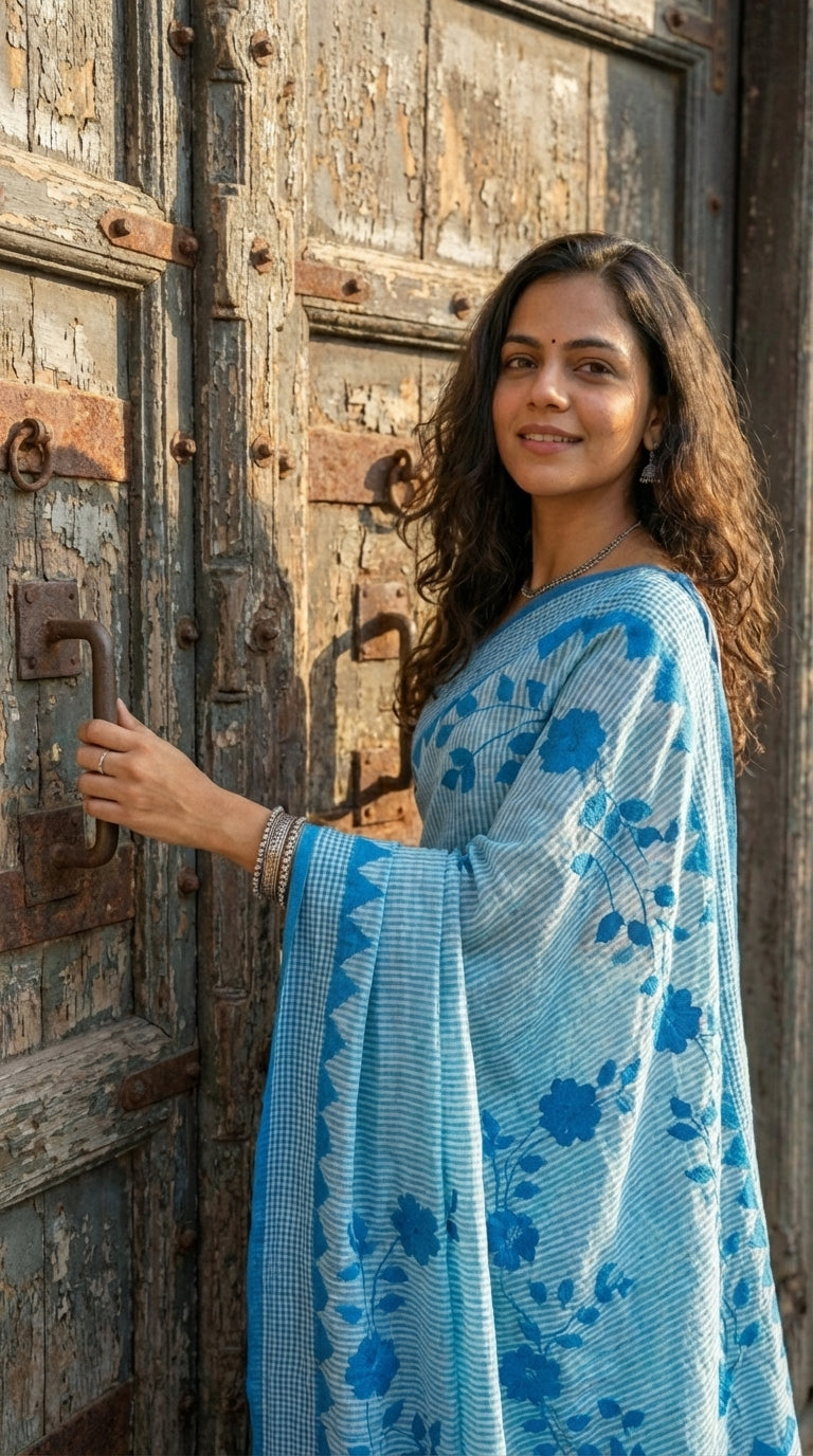 Woman in a blue-floral-cotton-applique-saree, standing in front of an old wooden door.
