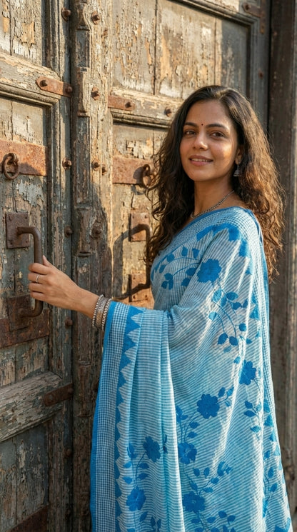 Woman in a blue-floral-cotton-applique-saree, standing in front of an old wooden door.