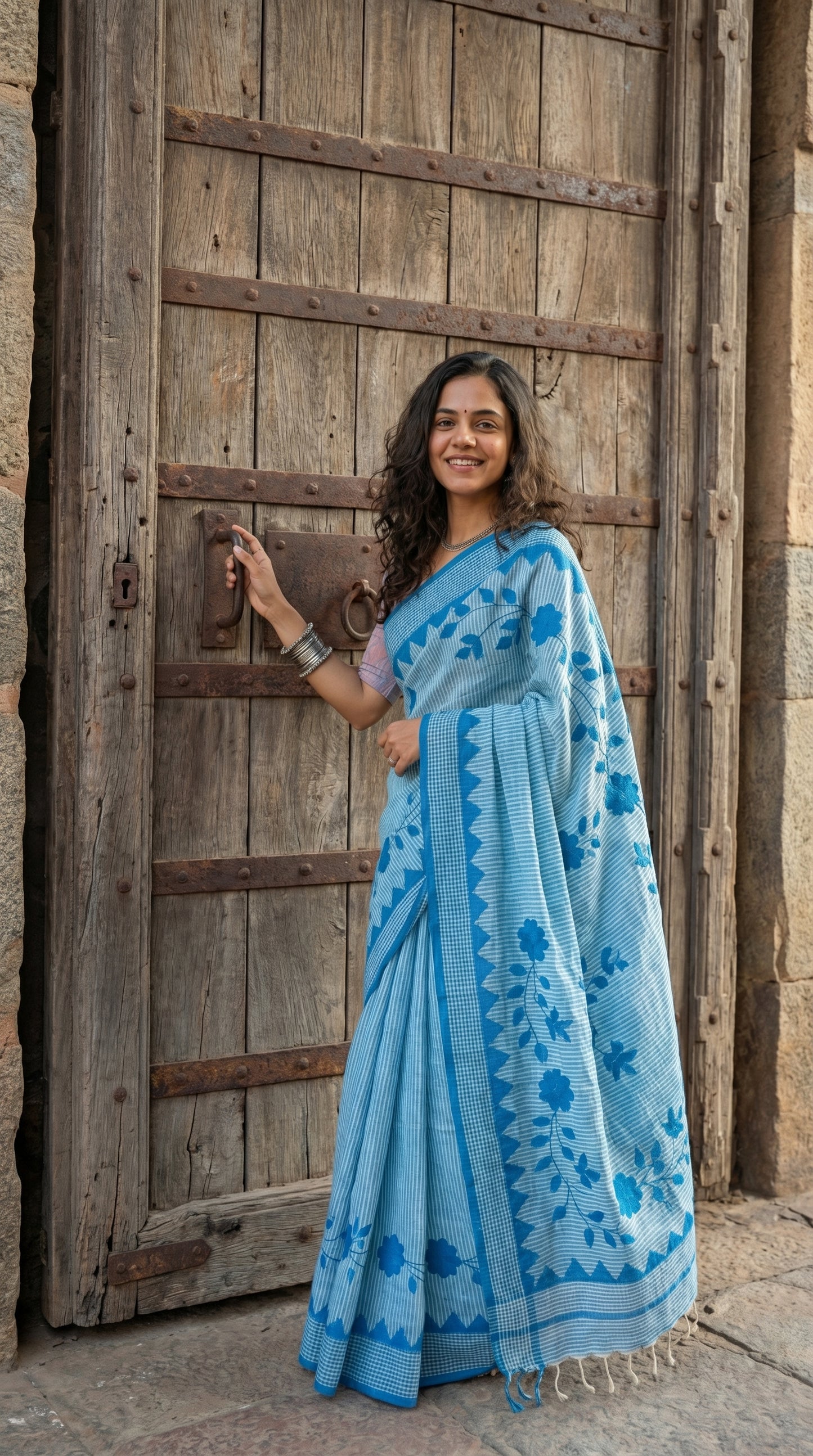 Woman in a blue-floral-cotton-applique-saree, standing in front of a wooden door