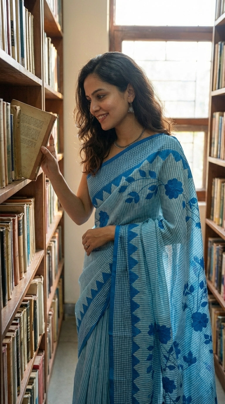 Woman in a blue-floral-cotton-applique-saree, standing in a library