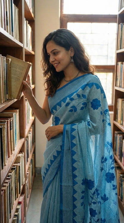 Woman in a blue-floral-cotton-applique-saree, standing in a library