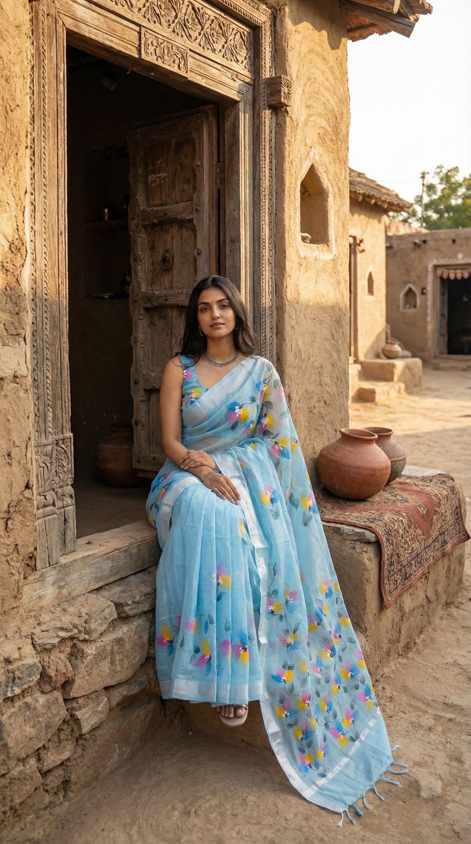 Woman in a blue-hand-painted-cotton-saree, sitting in front of a rustic building.
