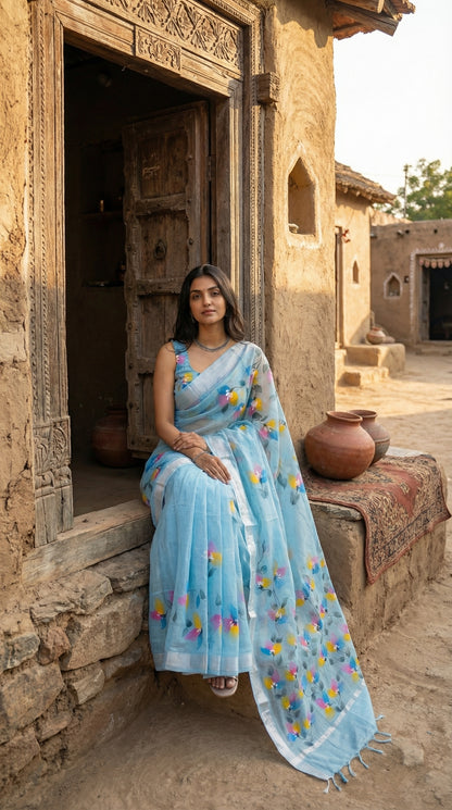 Woman in a blue-hand-painted-cotton-saree, sitting in front of a rustic building.