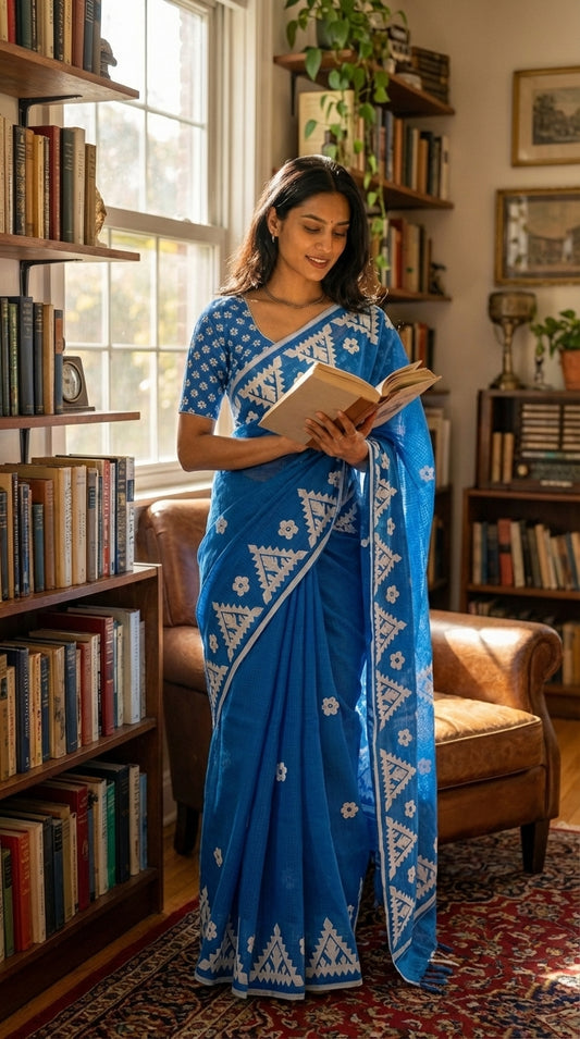 Woman in a blue-white-applique-kota-saree, reading a book in a cozy room with bookshelves.