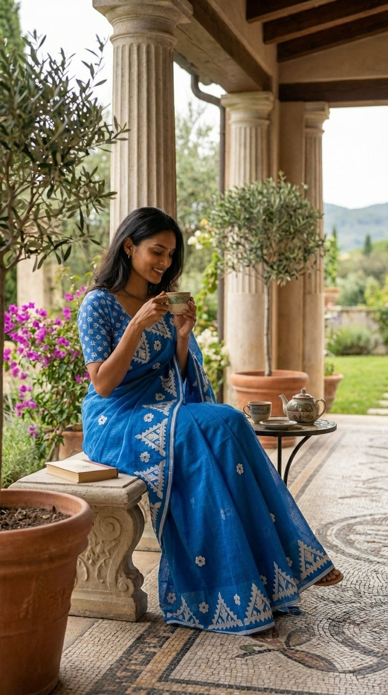 Woman in a blue-white-applique-kota-saree, sitting on a stone bench outdoors, holding a cup.