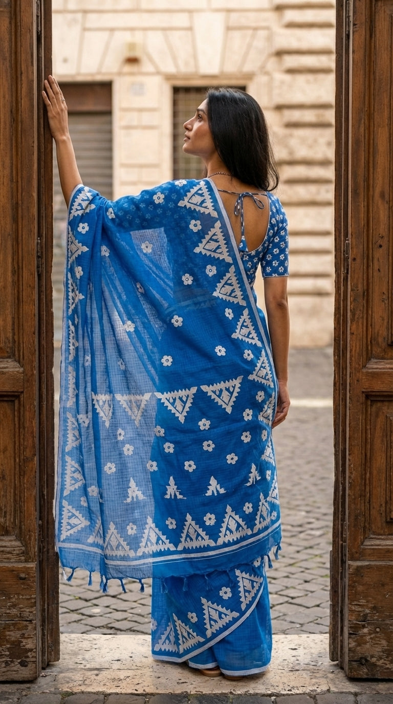 Woman in a blue-white-applique-kota-saree, standing in an outdoor setting.